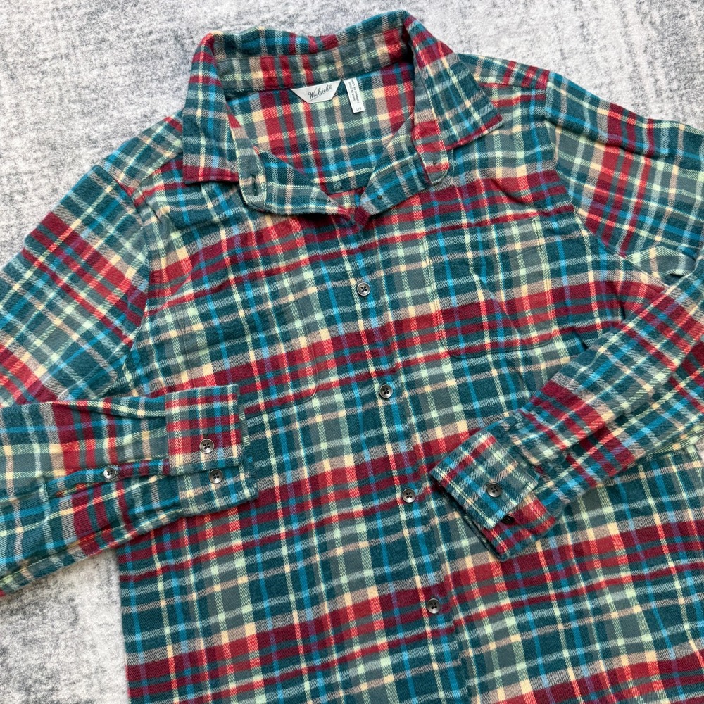 Woolrich Flannel Shirt Top Womens Large Blue Plaid Lightweight Cabin Granola